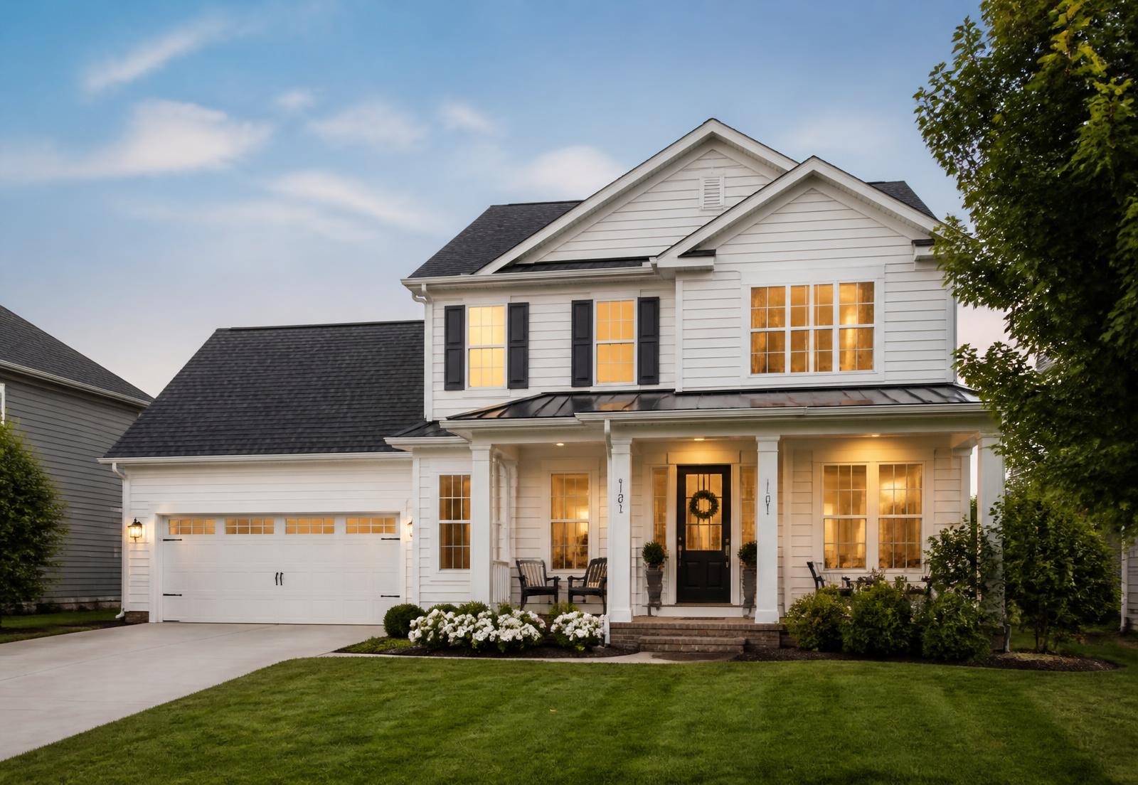 A well-maintained American suburban home at dusk with warm lighting in the windows